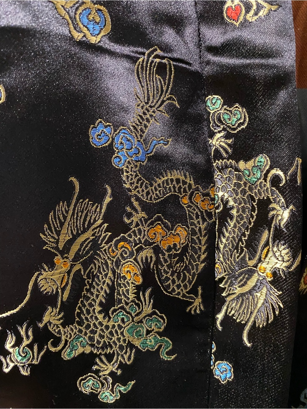 Black Gold satin kimono robe traditional Asian dragon embroidery Boho Whimsical - Picture 13 of 14